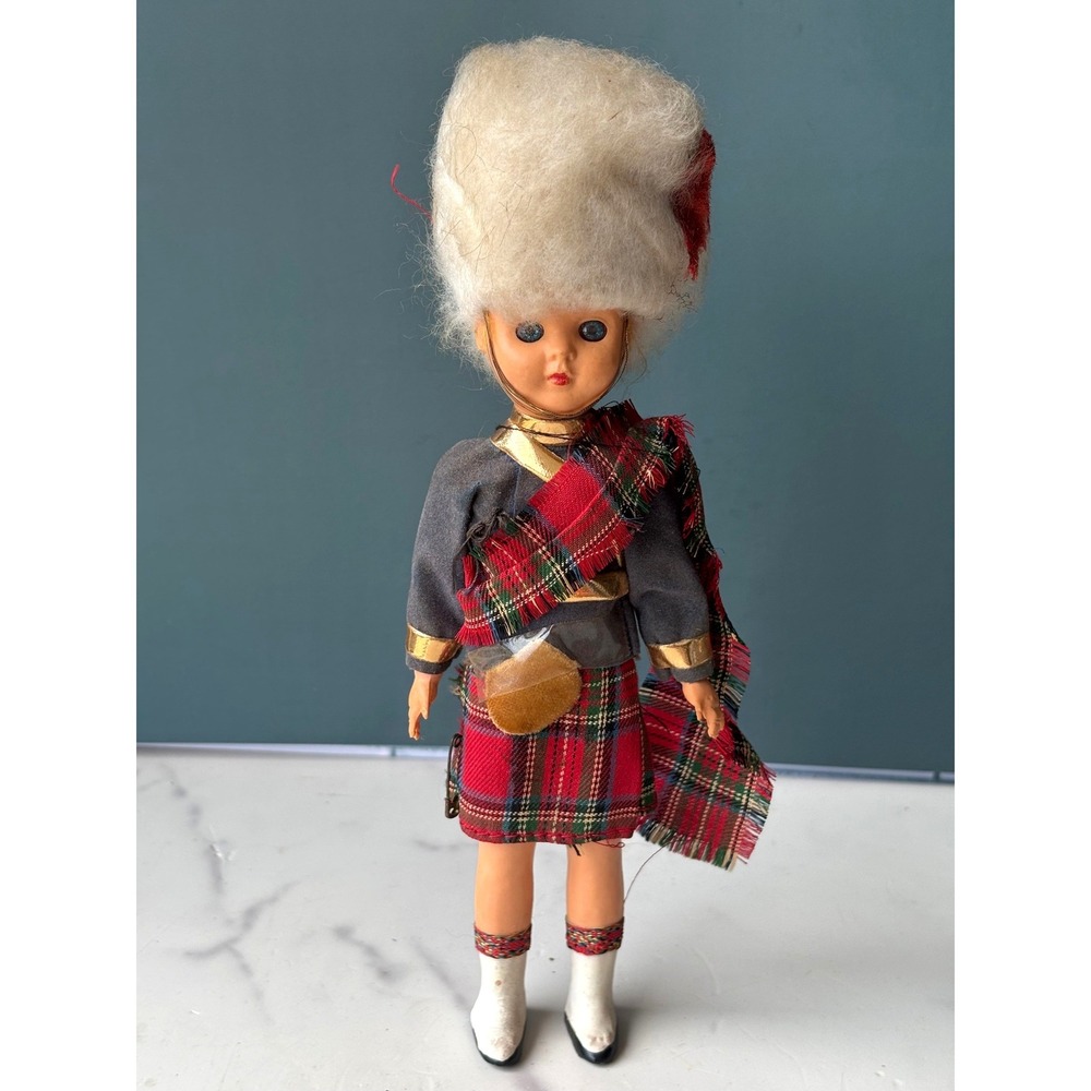 Vintage Scottish Souvenir Doll Red Tartan Kilt Hat Highland Dress 9.5"